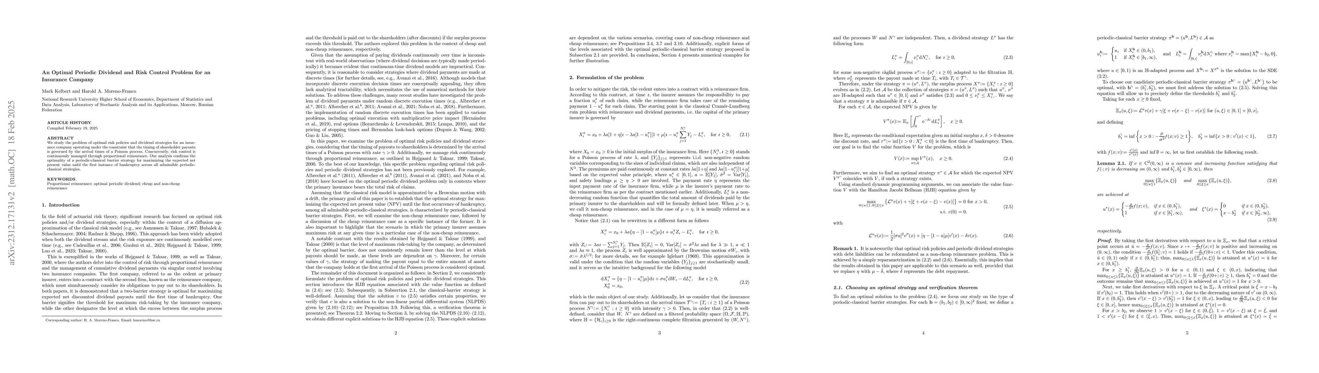 Thumbnail for Optimal Risk Policies and Periodic Dividend Strategies for an Insurance
  Company