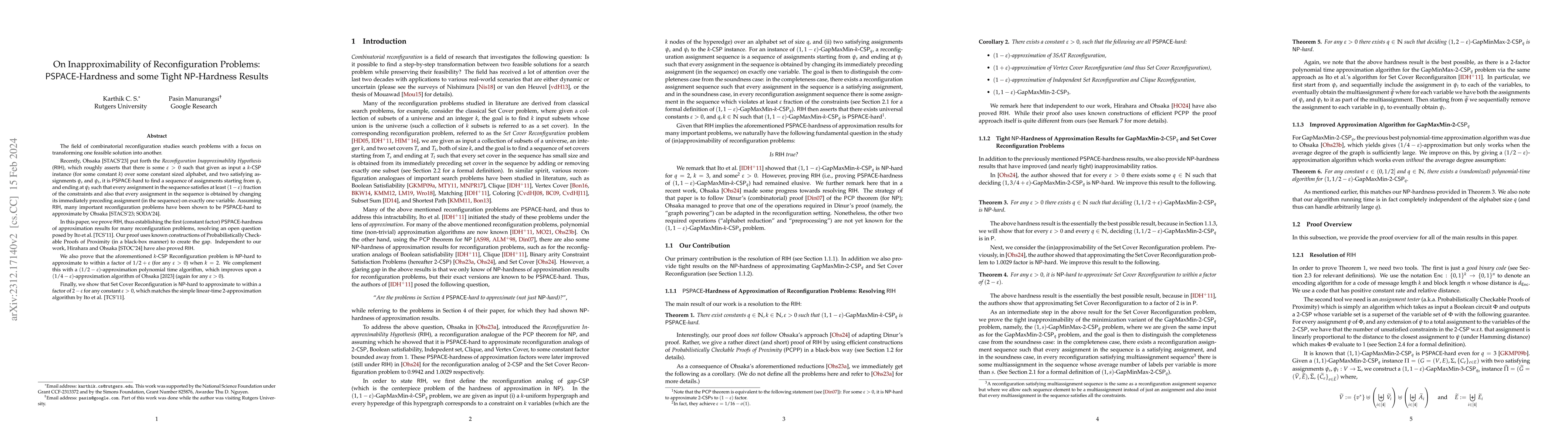 Thumbnail for On Inapproximability of Reconfiguration Problems: PSPACE-Hardness and
  some Tight NP-Hardness Results