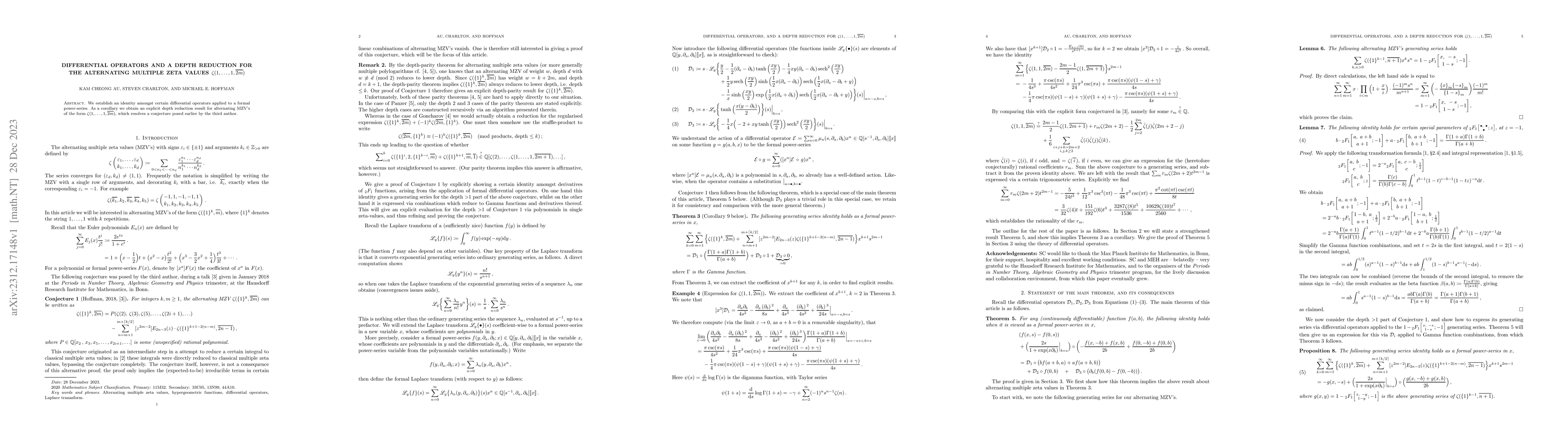 Thumbnail for Differential operators and a depth reduction for the alternating
  multiple zeta values $\zeta(1, \ldots, 1, \overline{2m})$
