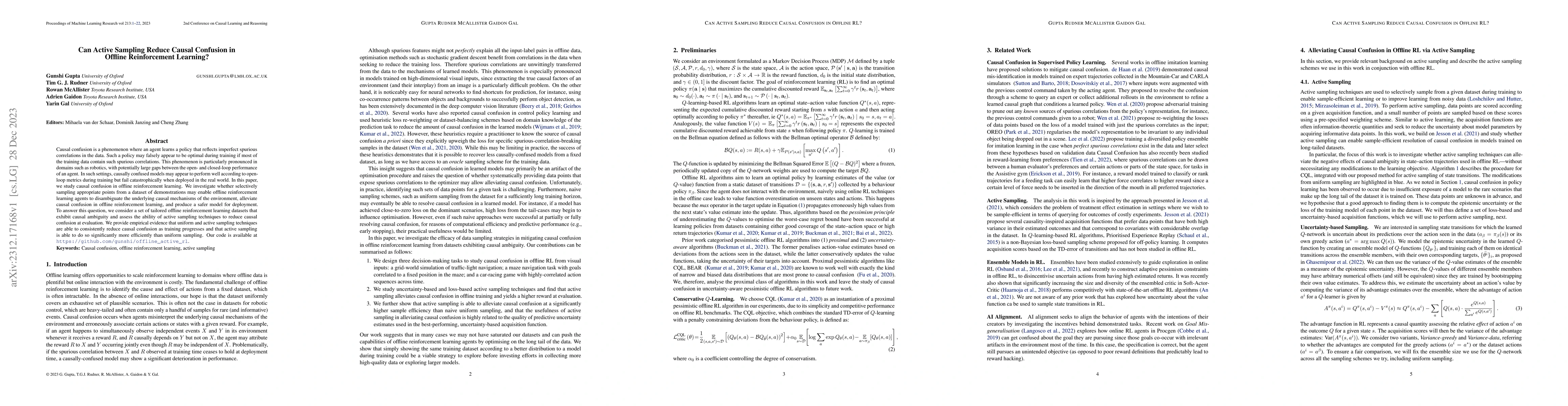 Thumbnail for Can Active Sampling Reduce Causal Confusion in Offline Reinforcement
  Learning?