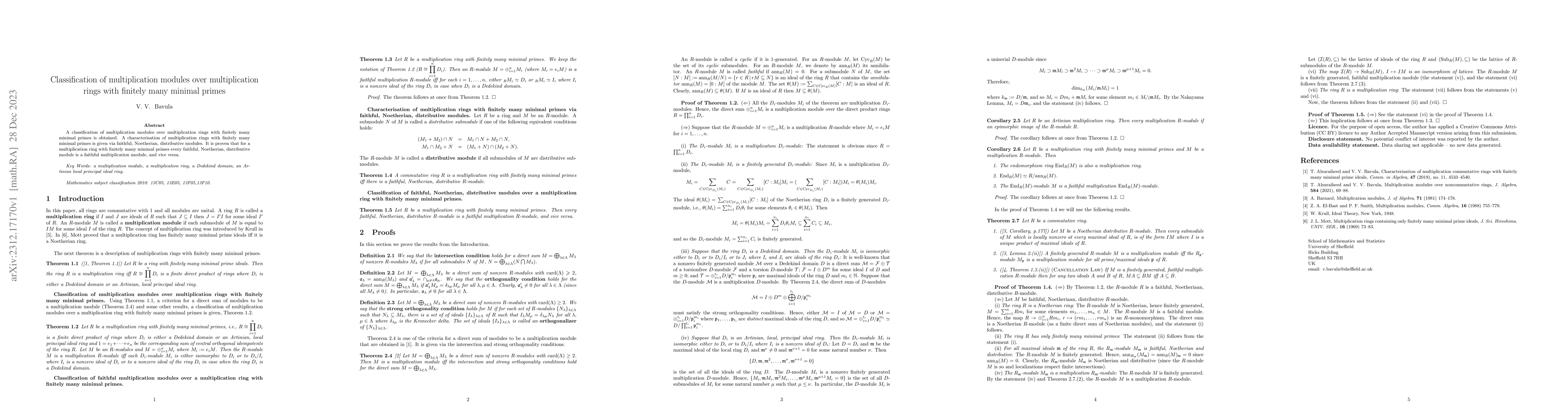 Thumbnail for Classification of multiplication modules over multiplication rings with
  finitely many minimal primes