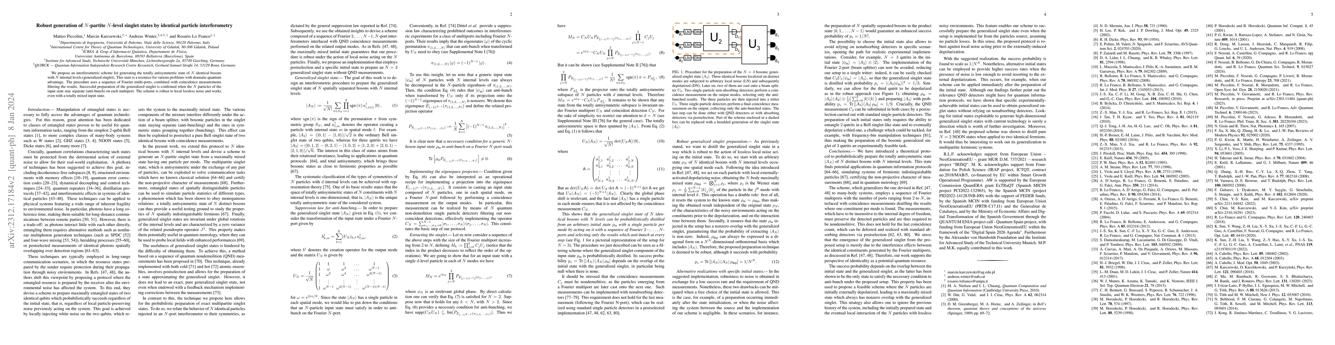 Thumbnail for Robust generation of $N$-partite $N$-level singlet states by identical
  particle interferometry