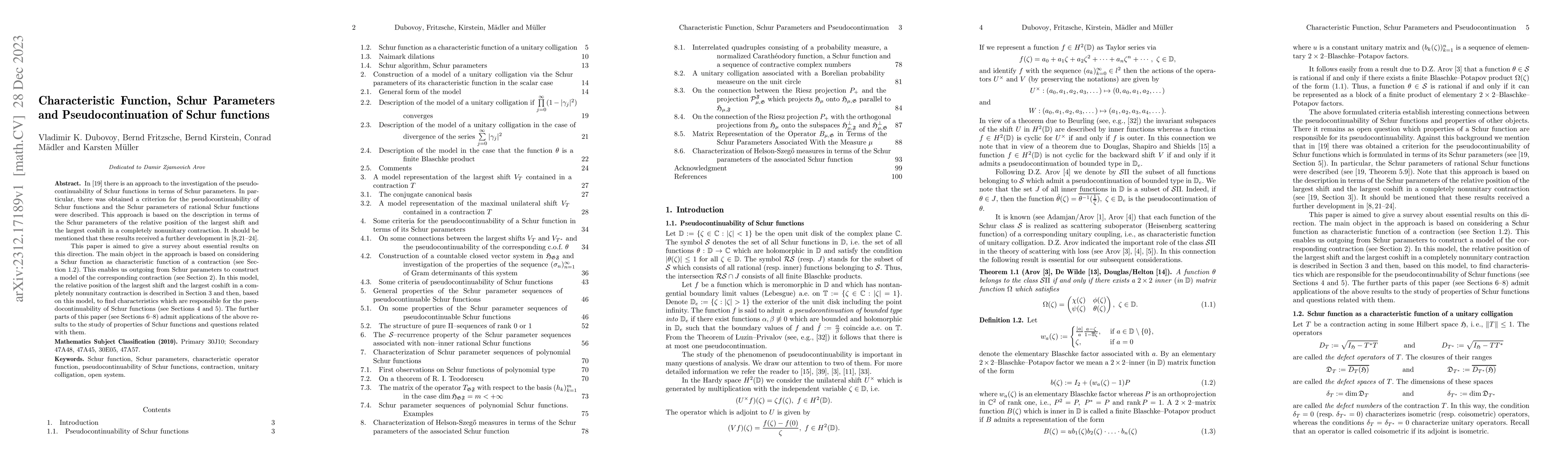 Thumbnail for Characteristic Function, Schur Parameters and Pseudocontinuation of
  Schur functions