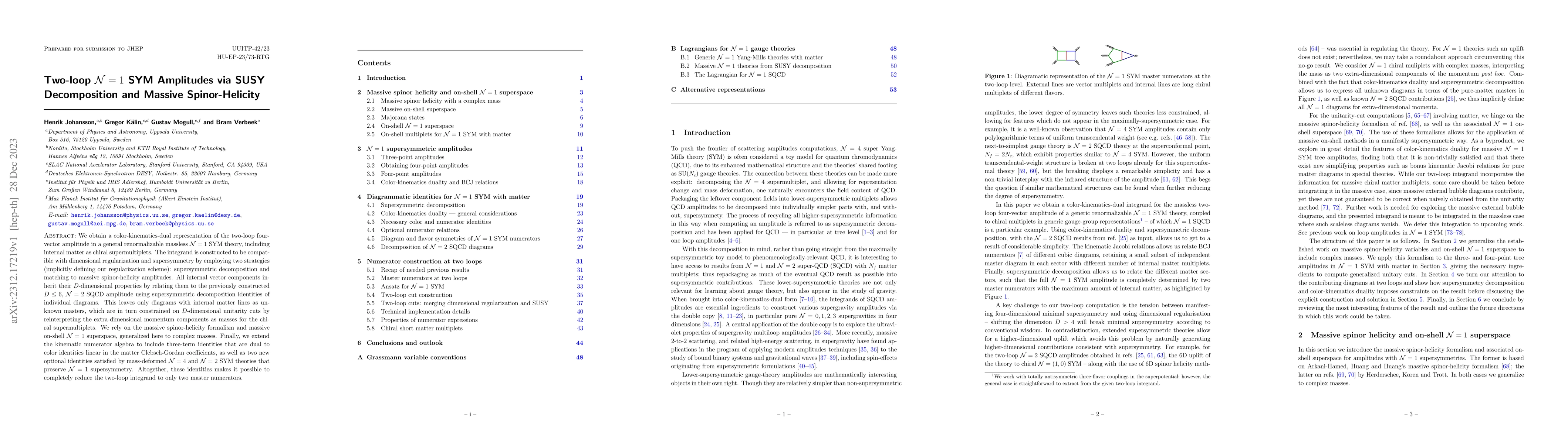 Thumbnail for Two-loop $\mathcal{N}=1$ SYM Amplitudes via SUSY Decomposition and
  Massive Spinor-Helicity