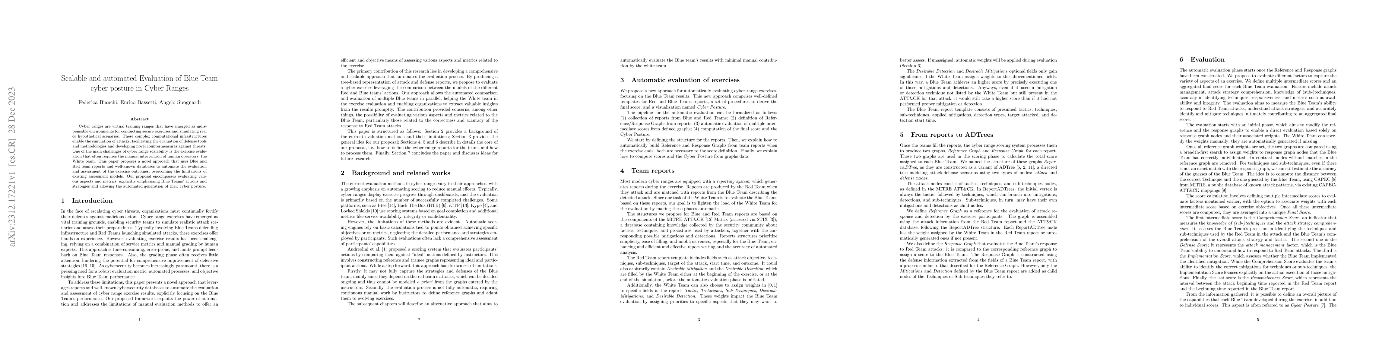 Thumbnail for Scalable and automated Evaluation of Blue Team cyber posture in Cyber
  Ranges