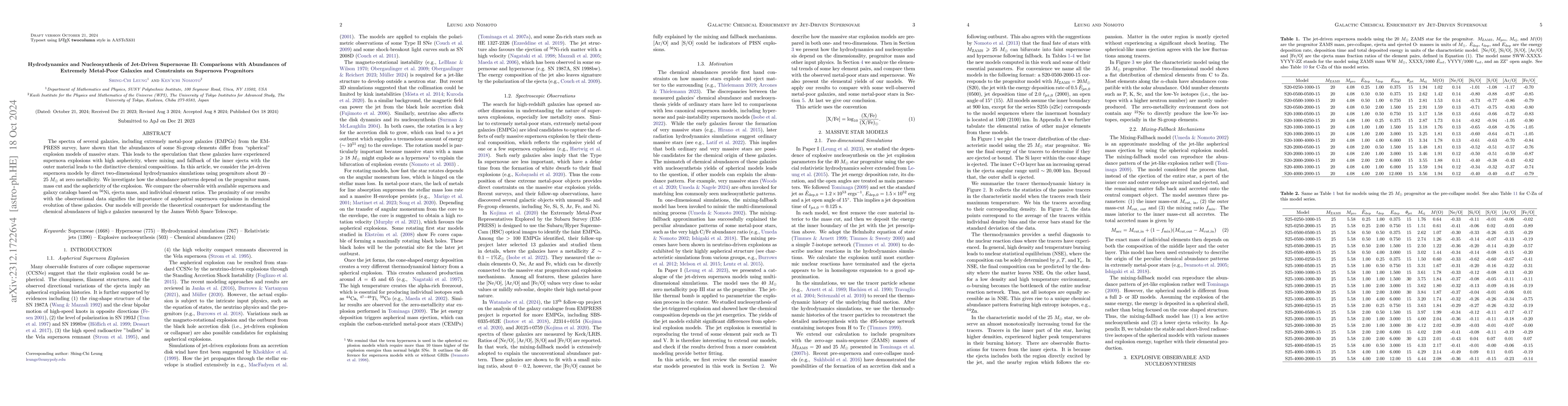 Thumbnail for Hydrodynamics and Nucleosynthesis of Jet-Driven Supernovae II:
  Comparisons with Abundances of Extremely Metal-Poor Galaxies and Constraints
  on Supernova Progenitors