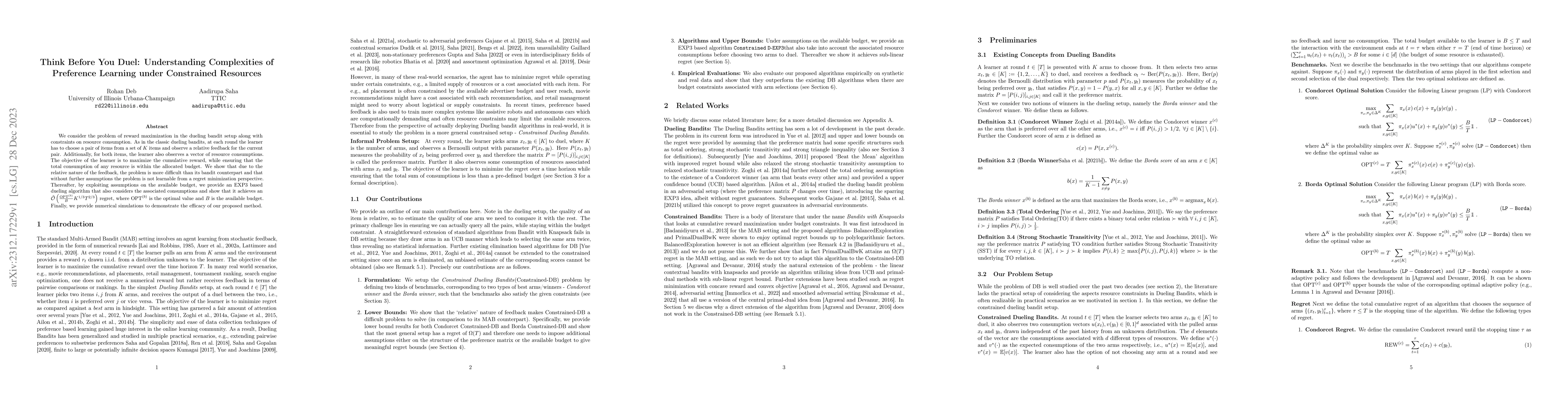 Thumbnail for Think Before You Duel: Understanding Complexities of Preference Learning
  under Constrained Resources