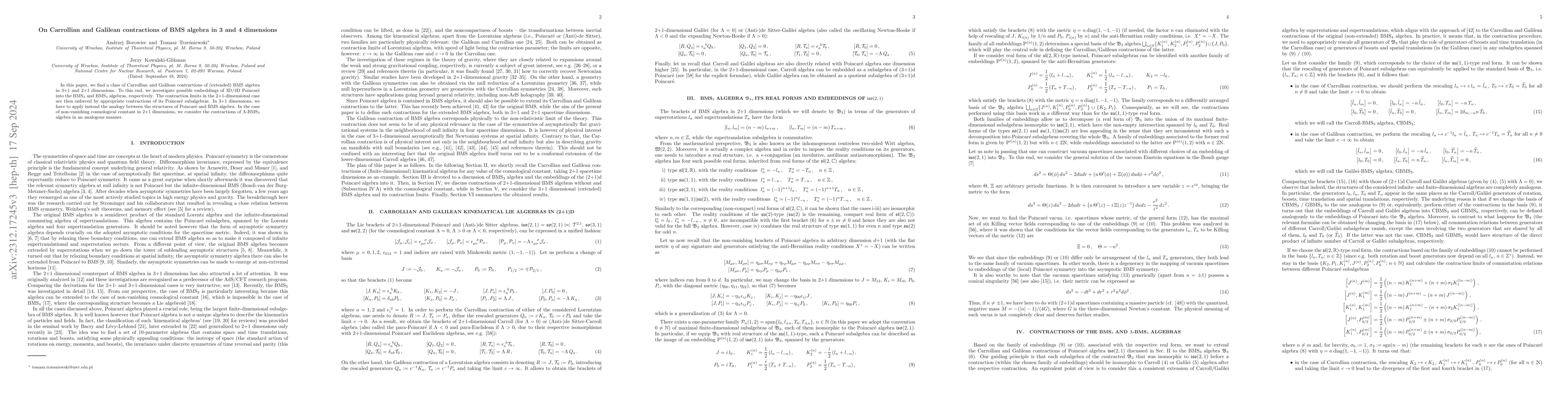 Thumbnail for On Carrollian and Galilean contractions of BMS algebra in 3 and 4
  dimensions