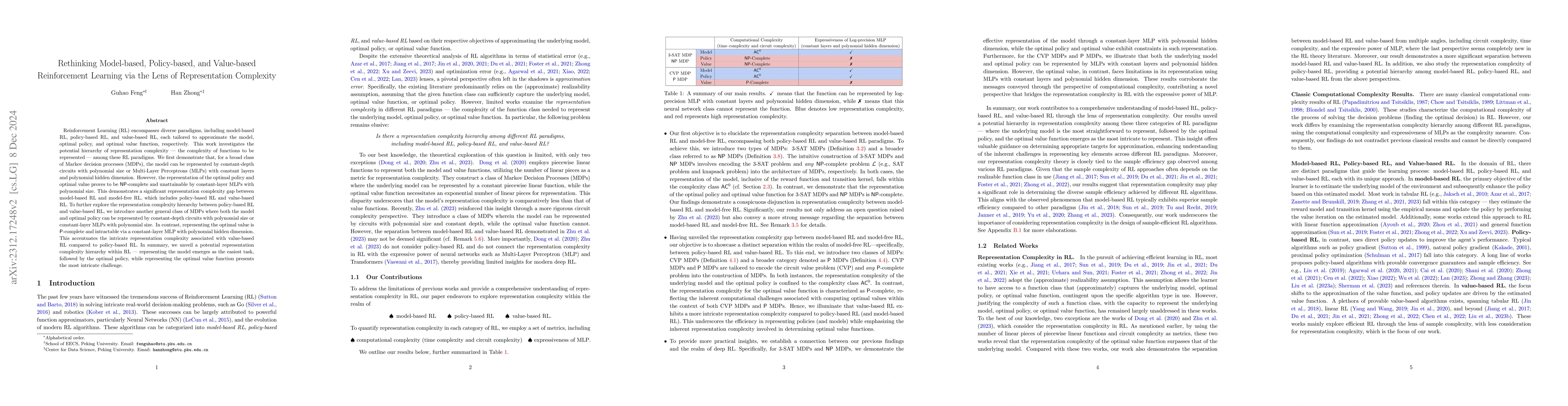 Thumbnail for Rethinking Model-based, Policy-based, and Value-based Reinforcement
  Learning via the Lens of Representation Complexity
