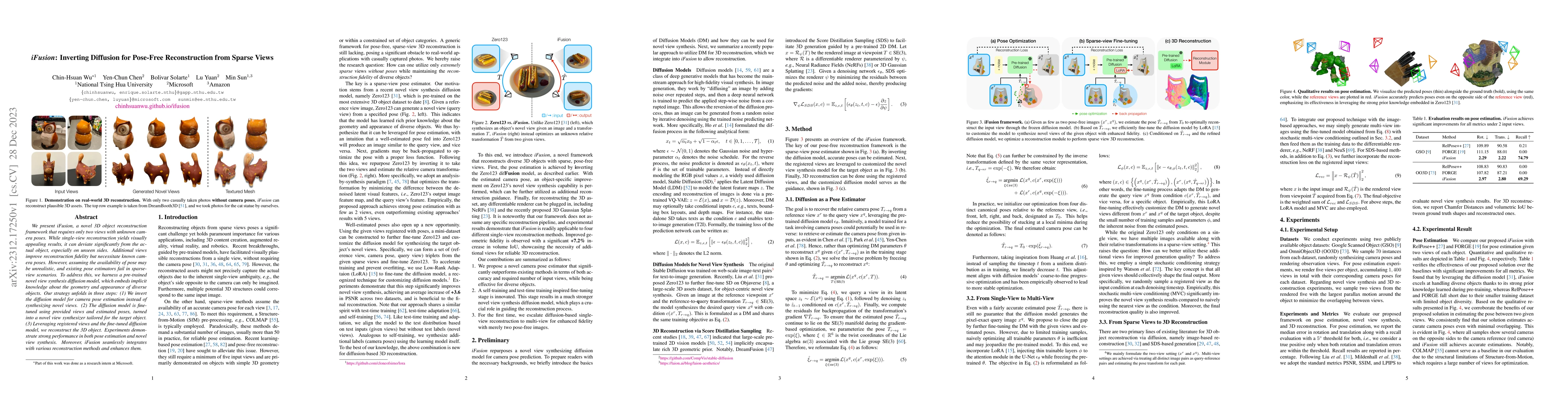 Thumbnail for iFusion: Inverting Diffusion for Pose-Free Reconstruction from Sparse
  Views