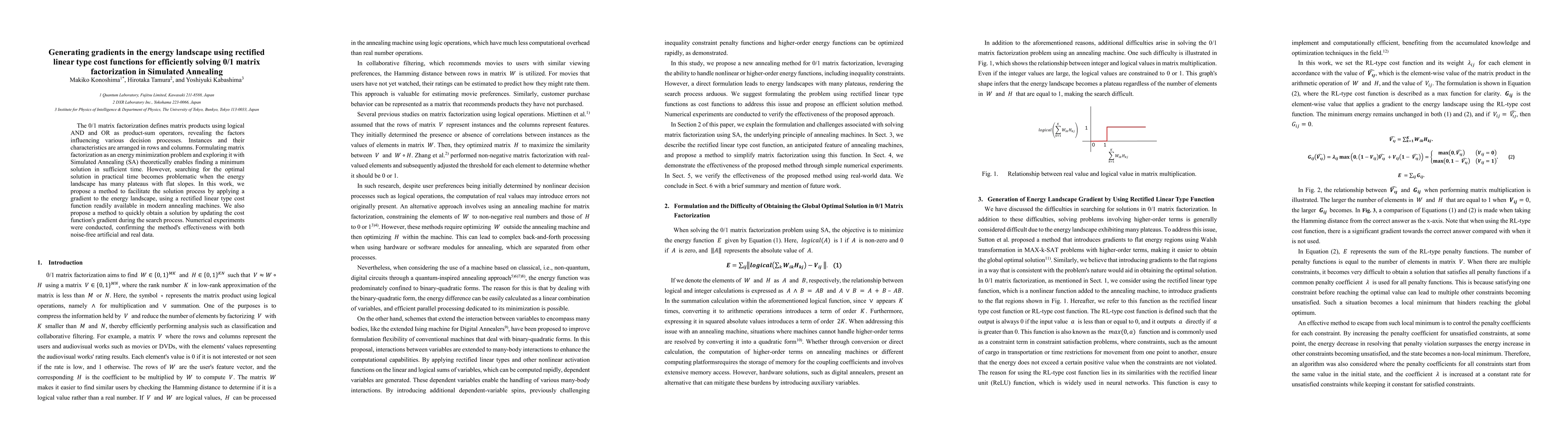 Thumbnail for Generating gradients in the energy landscape using rectified linear type
  cost functions for efficiently solving 0/1 matrix factorization in Simulated
  Annealing