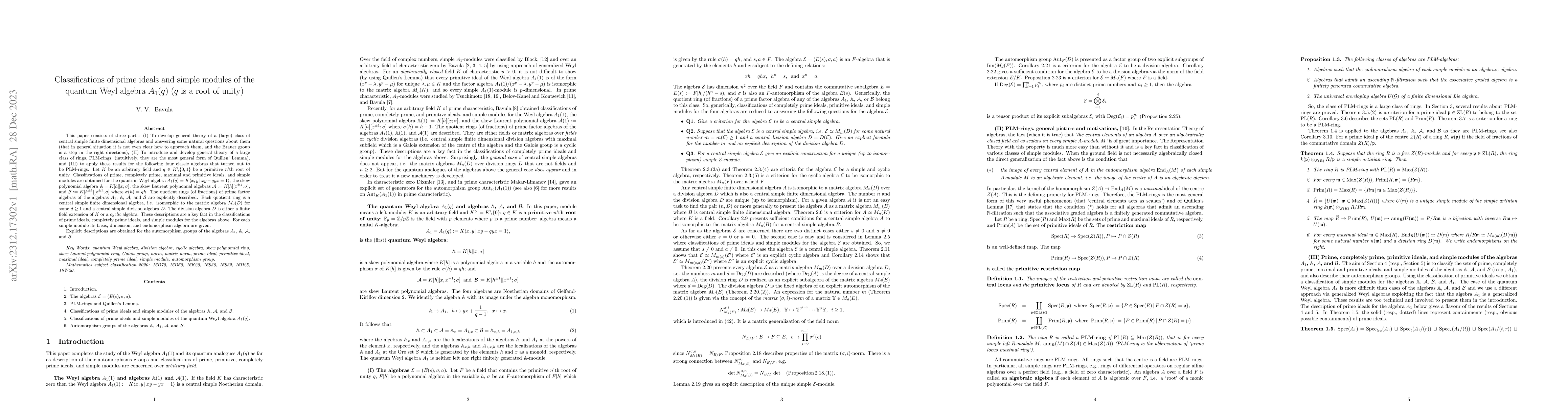 Thumbnail for Classifications of prime ideals and simple modules of the quantum Weyl
  algebra $A_1(q)$ ($q$ is a root of unity)