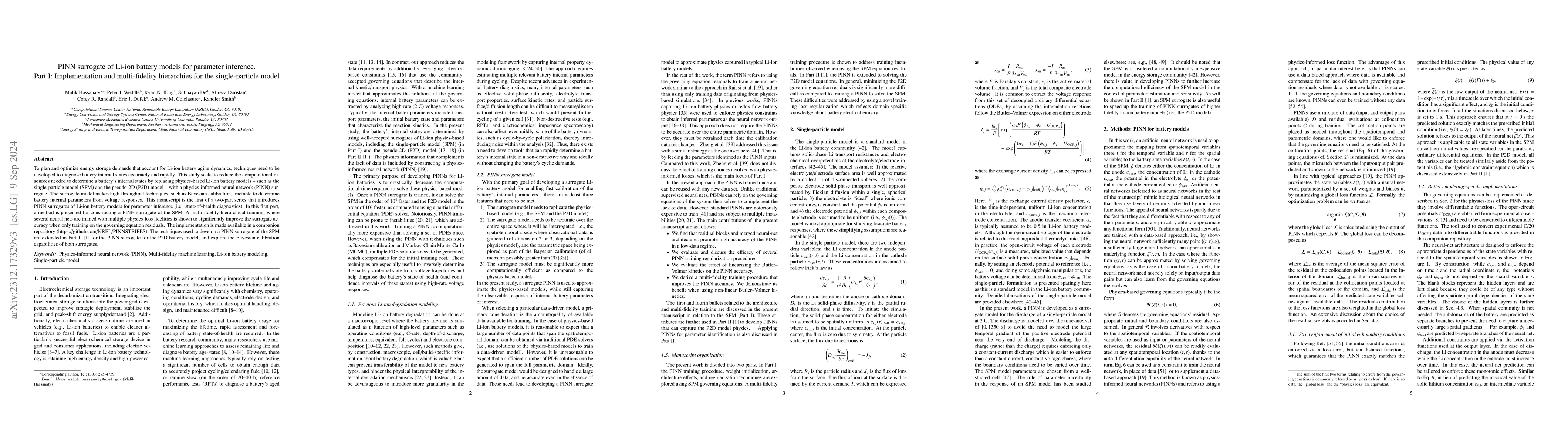 Thumbnail for PINN surrogate of Li-ion battery models for parameter inference. Part I:
  Implementation and multi-fidelity hierarchies for the single-particle model
