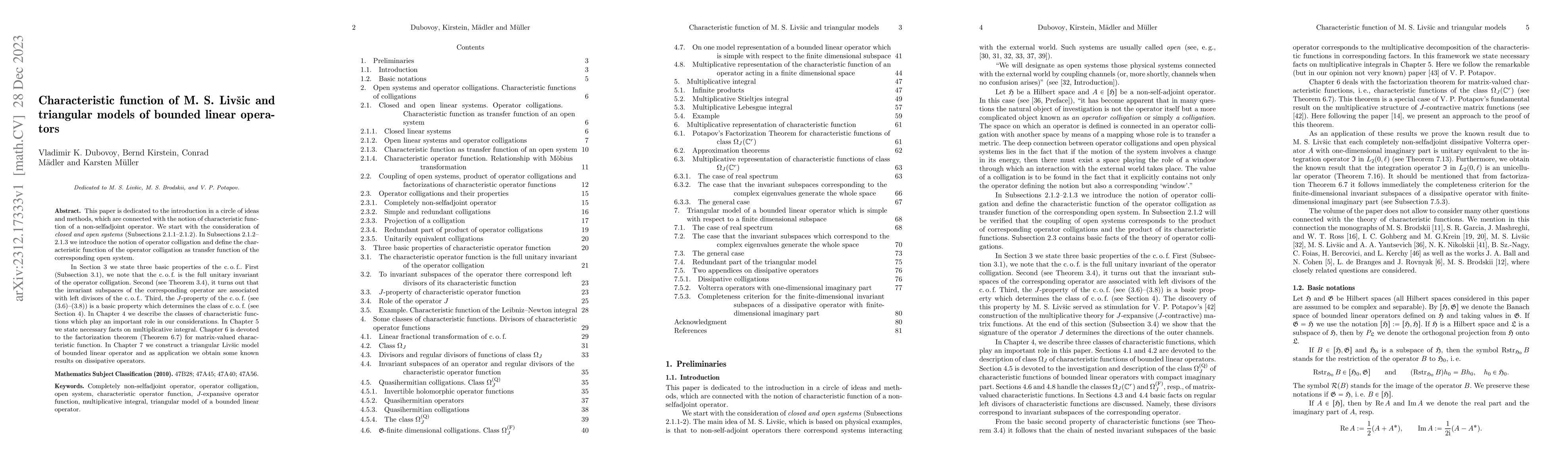 Thumbnail for Characteristic function of M. S. Liv\v{s}ic and triangular models of
  bounded linear operators