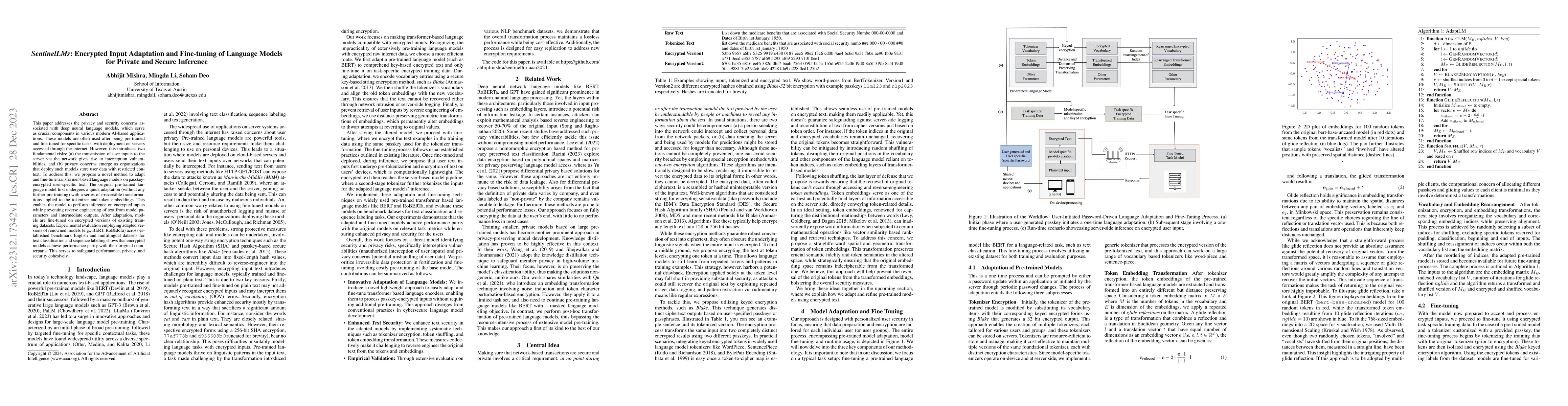 Thumbnail for SentinelLMs: Encrypted Input Adaptation and Fine-tuning of Language
  Models for Private and Secure Inference