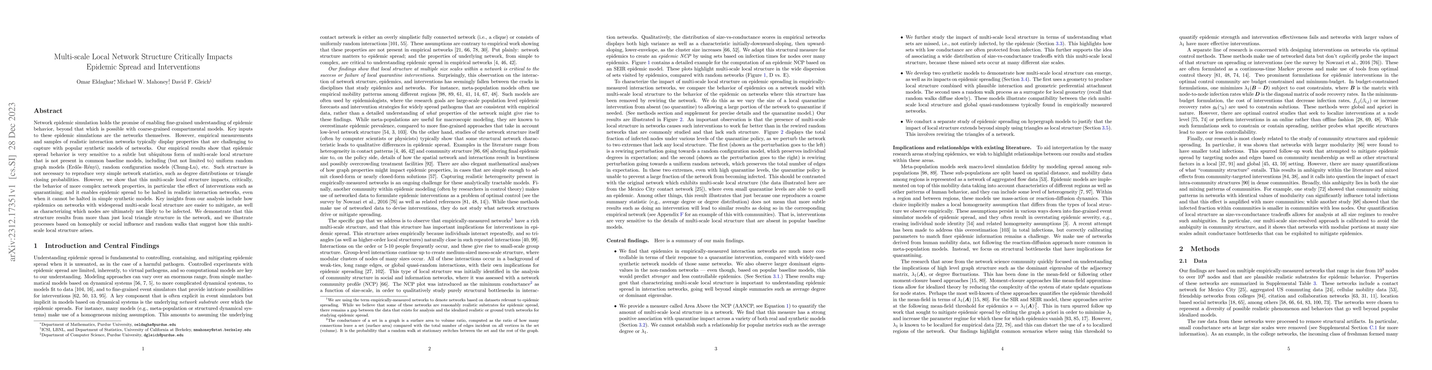 Thumbnail for Multi-scale Local Network Structure Critically Impacts Epidemic Spread
  and Interventions