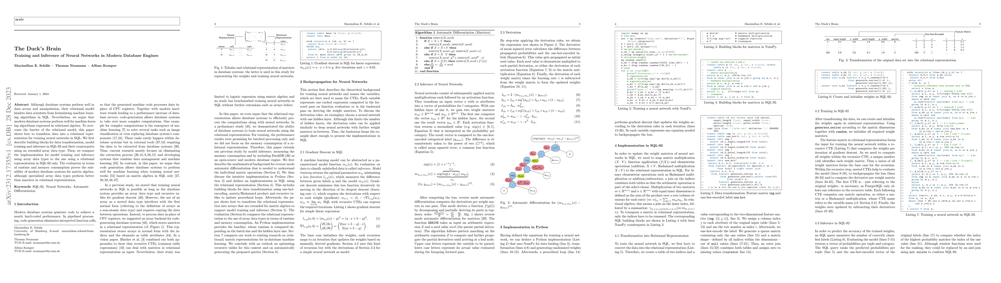 Thumbnail for The Duck's Brain: Training and Inference of Neural Networks in Modern
  Database Engines