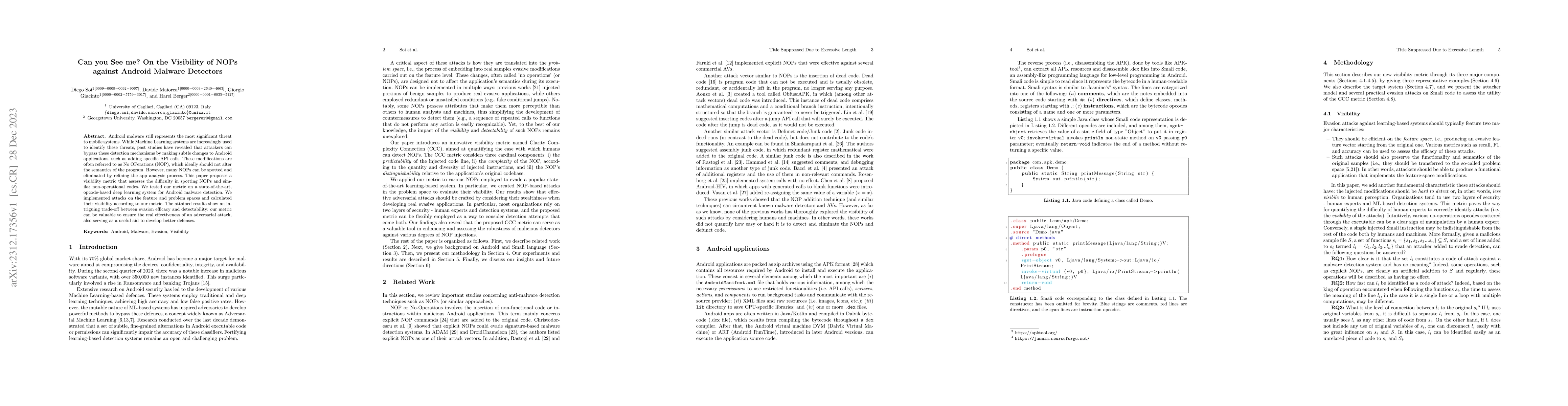 Thumbnail for Can you See me? On the Visibility of NOPs against Android Malware
  Detectors