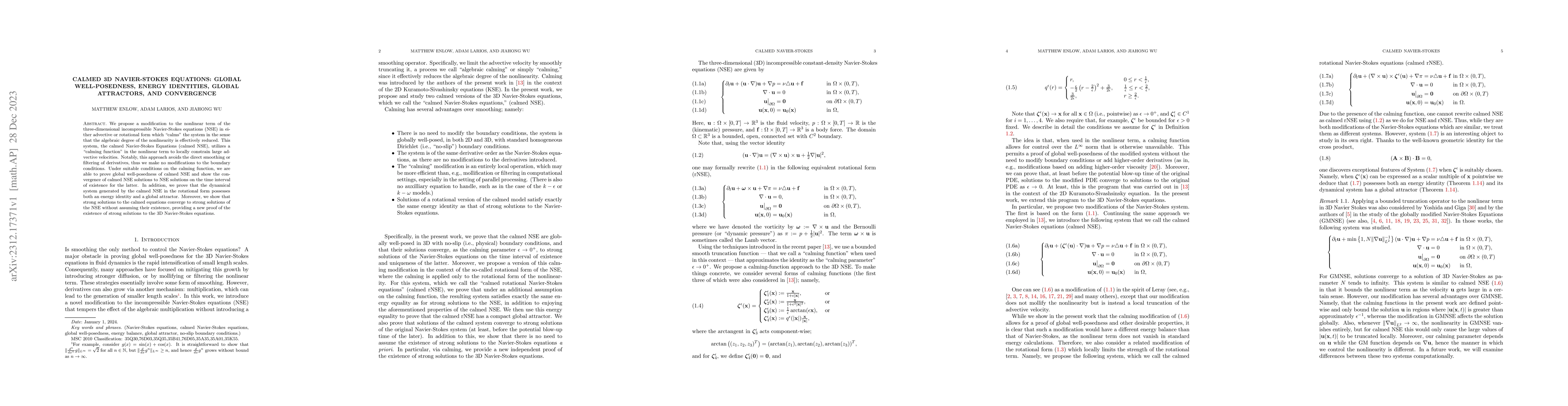 Thumbnail for Calmed 3D Navier-Stokes Equations: Global Well-Posedness, Energy
  Identities, Global Attractors, and Convergence