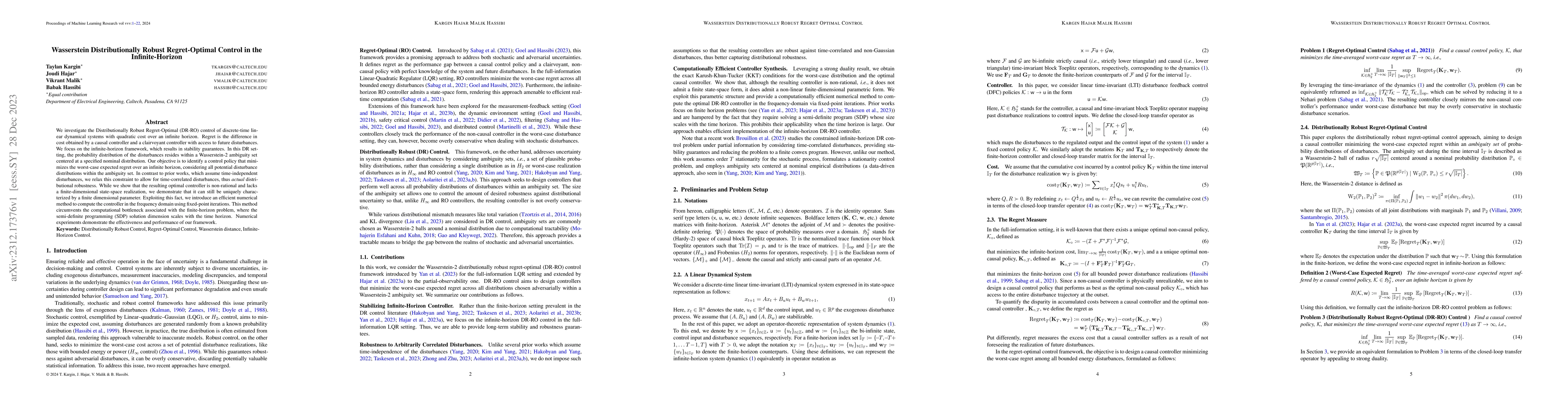 Thumbnail for Wasserstein Distributionally Robust Regret-Optimal Control in the
  Infinite-Horizon