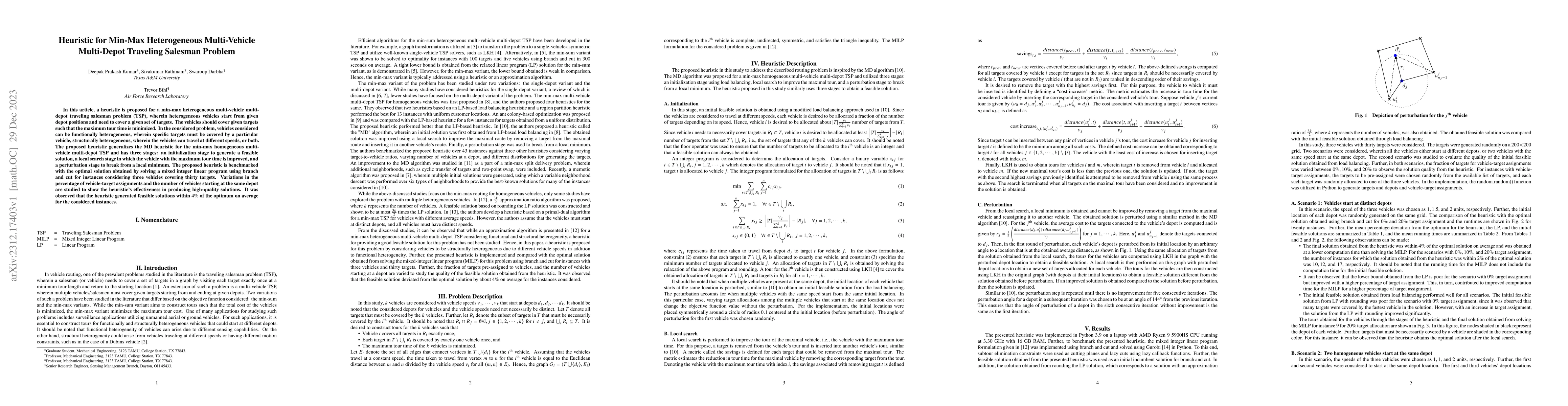 Thumbnail for Heuristic for Min-Max Heterogeneous Multi-Vehicle Multi-Depot Traveling
  Salesman Problem