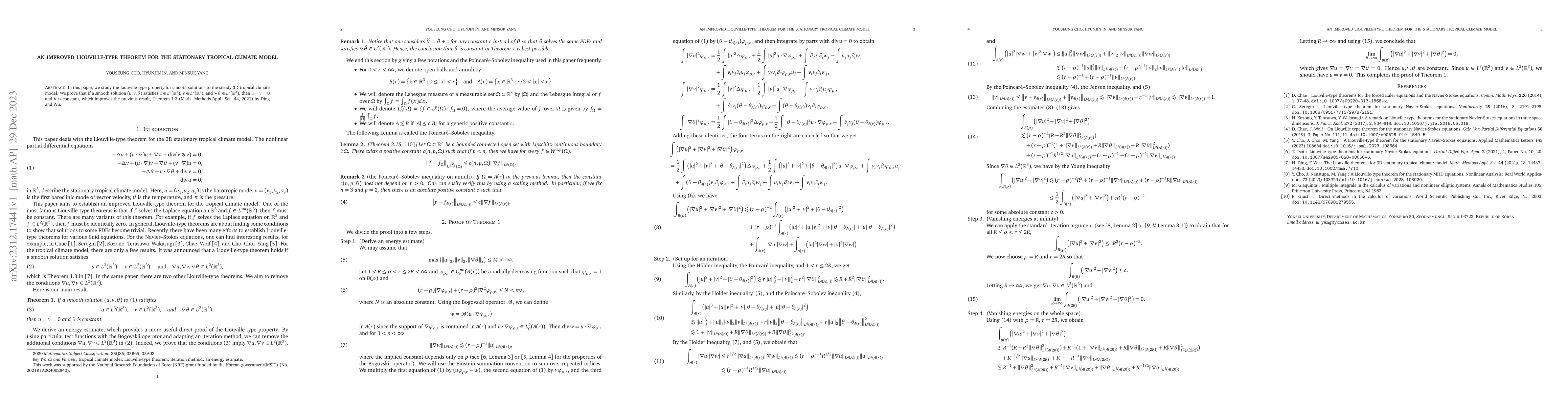 Thumbnail for An improved Liouville-type theorem for the stationary tropical climate
  model