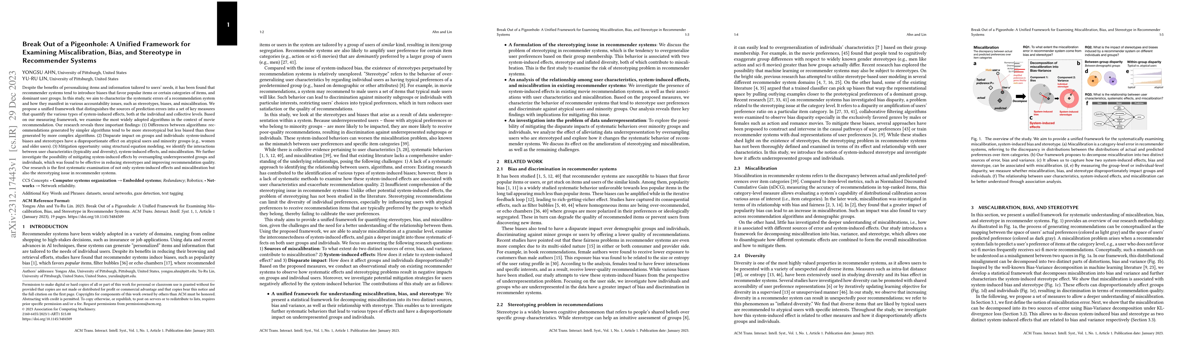 Thumbnail for Break Out of a Pigeonhole: A Unified Framework for Examining
  Miscalibration, Bias, and Stereotype in Recommender Systems
