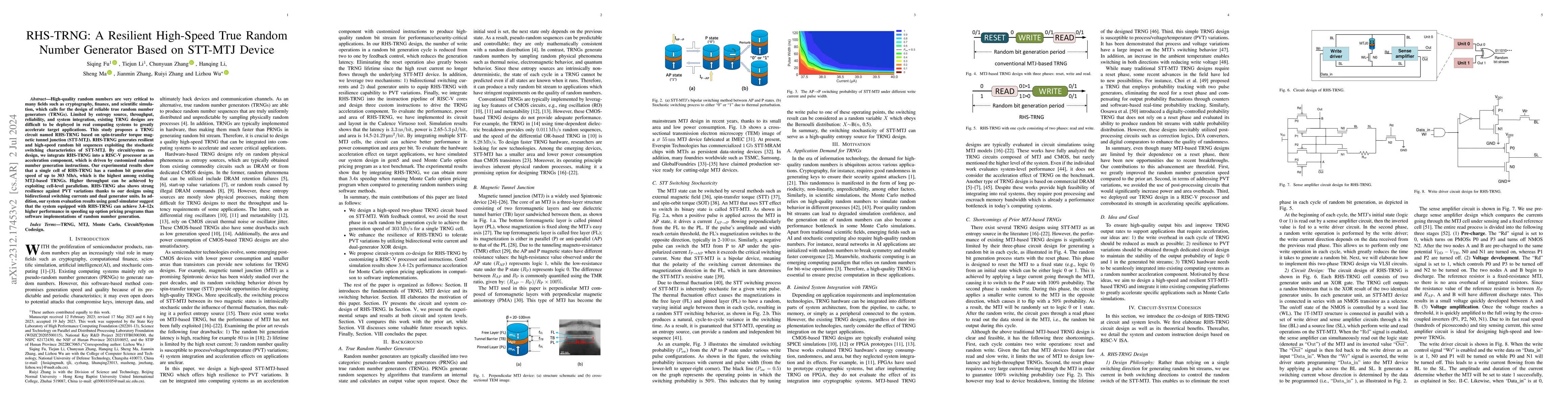 Thumbnail for RHS-TRNG: A Resilient High-Speed True Random Number Generator Based on
  STT-MTJ Device