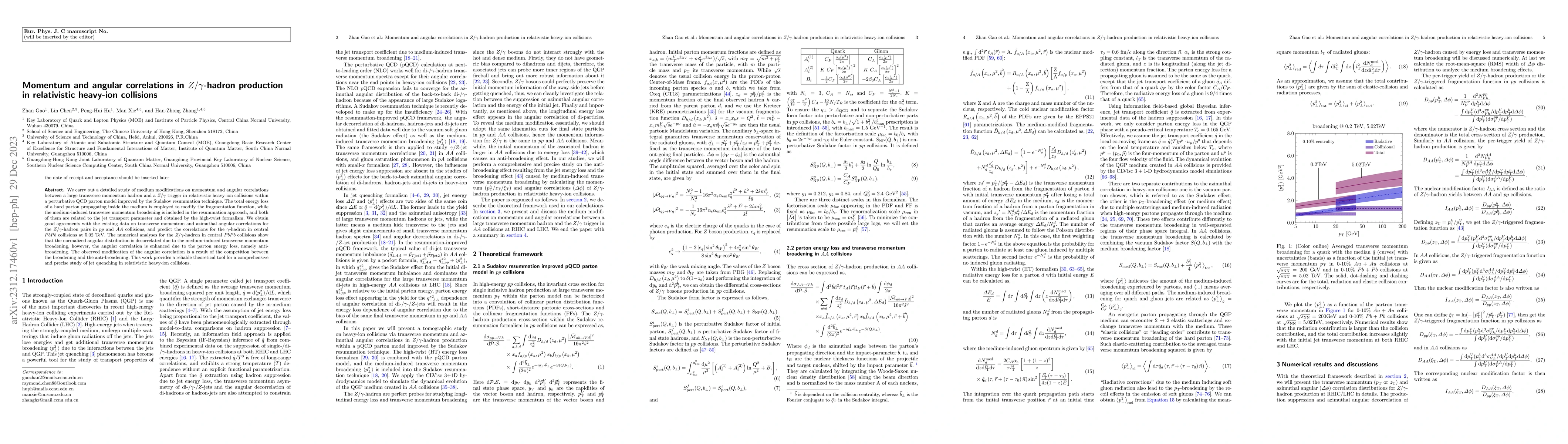 Thumbnail for Momentum and angular correlations in
  \texorpdfstring{$Z/\gamma$}{Z/gamma}-hadron production in relativistic
  heavy-ion collisions