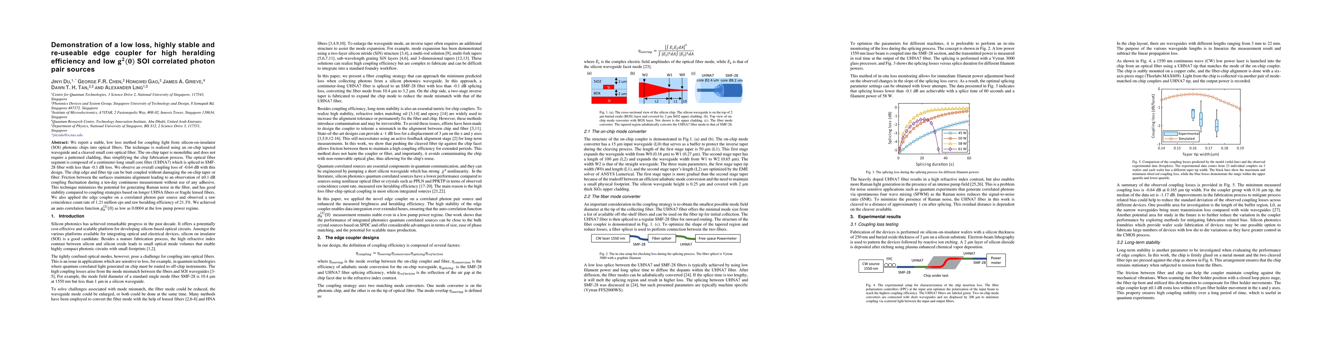Thumbnail for Demonstration of a low loss, highly stable and re-useable edge coupler
  for high heralding efficiency and low g^(2) (0) SOI correlated photon pair
  sources