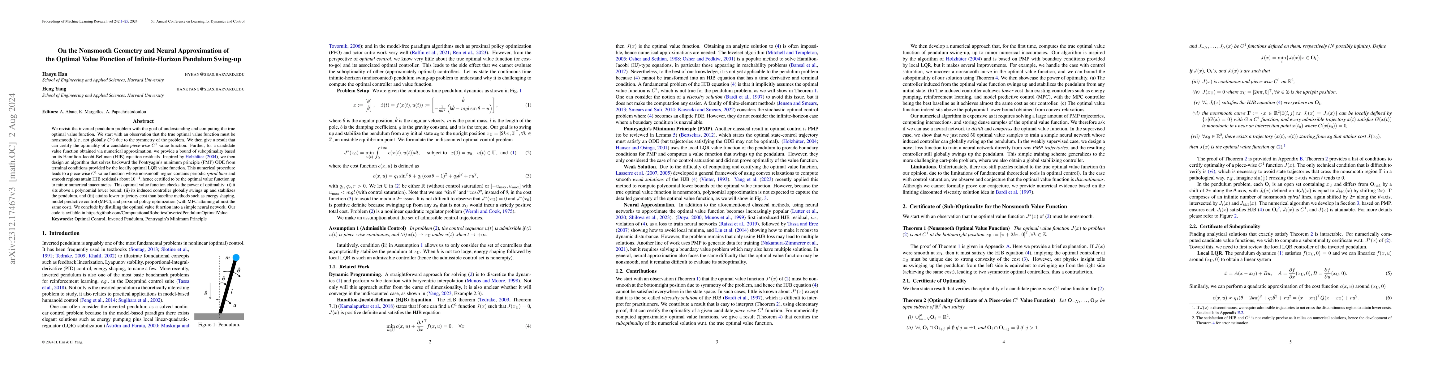 Thumbnail for On the Nonsmooth Geometry and Neural Approximation of the Optimal Value
  Function of Infinite-Horizon Pendulum Swing-up