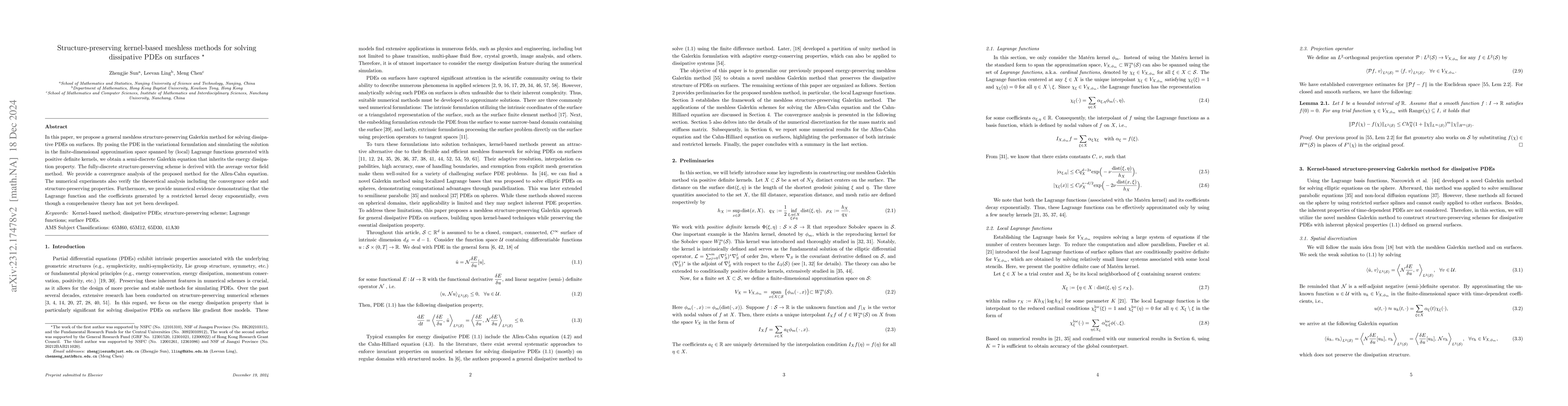 Thumbnail for Structure-preserving Kernel-based methods for solving dissipative PDEs
  on surfaces