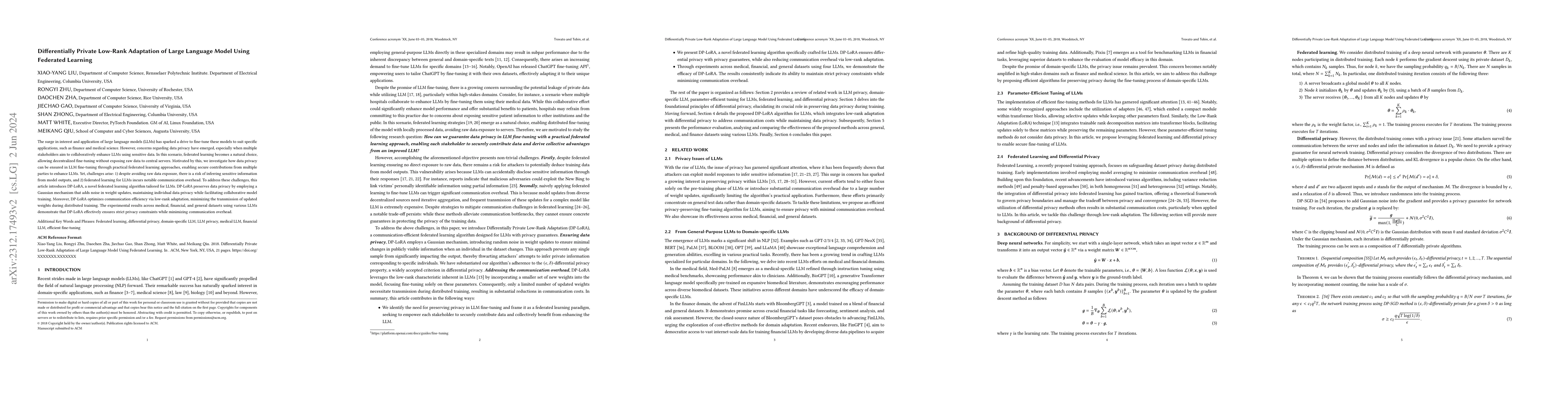 Thumbnail for Differentially Private Low-Rank Adaptation of Large Language Model Using
  Federated Learning