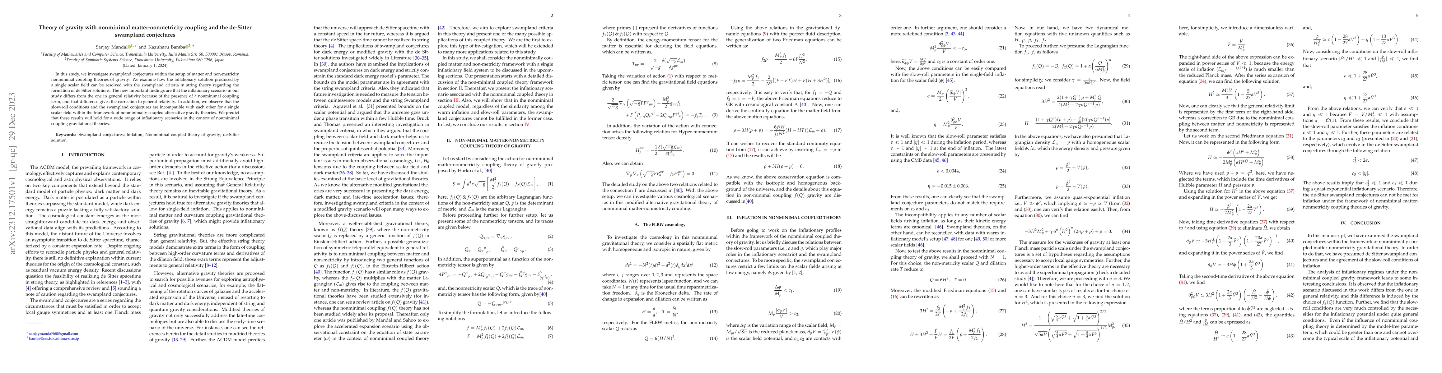 Thumbnail for Theory of gravity with nonminimal matter-nonmetricity coupling and the
  de-Sitter swampland conjectures
