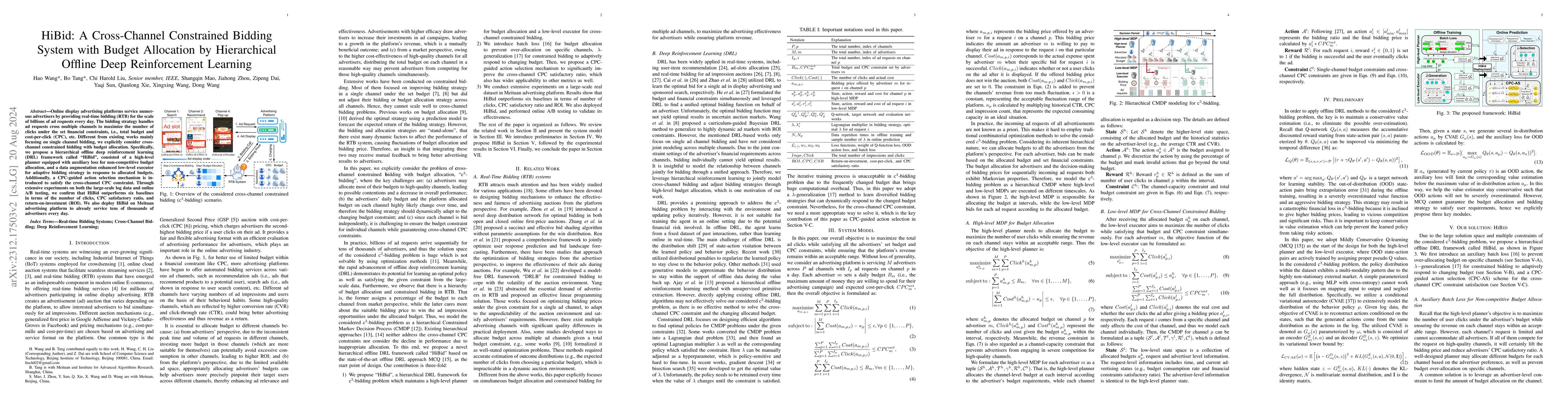 Thumbnail for HiBid: A Cross-Channel Constrained Bidding System with Budget Allocation
  by Hierarchical Offline Deep Reinforcement Learning