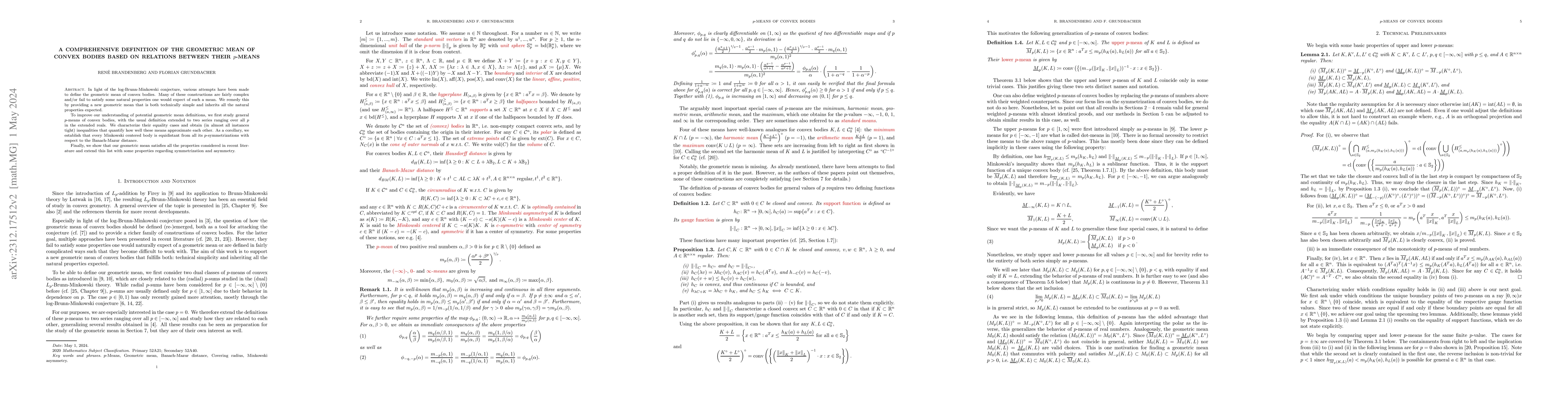 Thumbnail for A Comprehensive Definition of the Geometric Mean of Convex Bodies Based
  on Relations Between Their $p$-Means