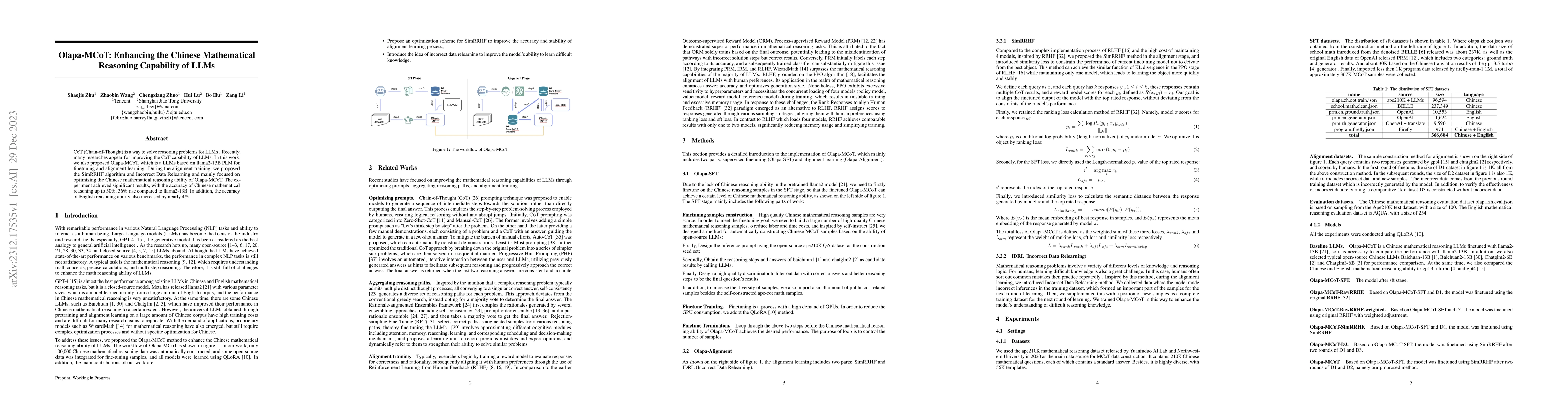 Thumbnail for Olapa-MCoT: Enhancing the Chinese Mathematical Reasoning Capability of
  LLMs