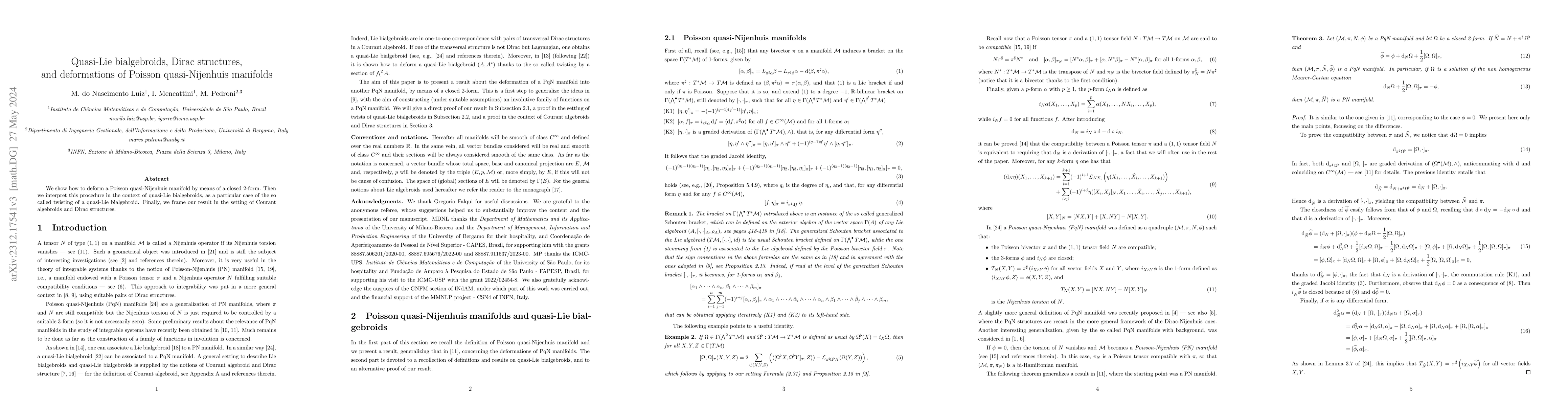 Thumbnail for Quasi-Lie bialgebroids, Dirac structures and deformations of Poisson
  quasi-Nijenhuis manifolds