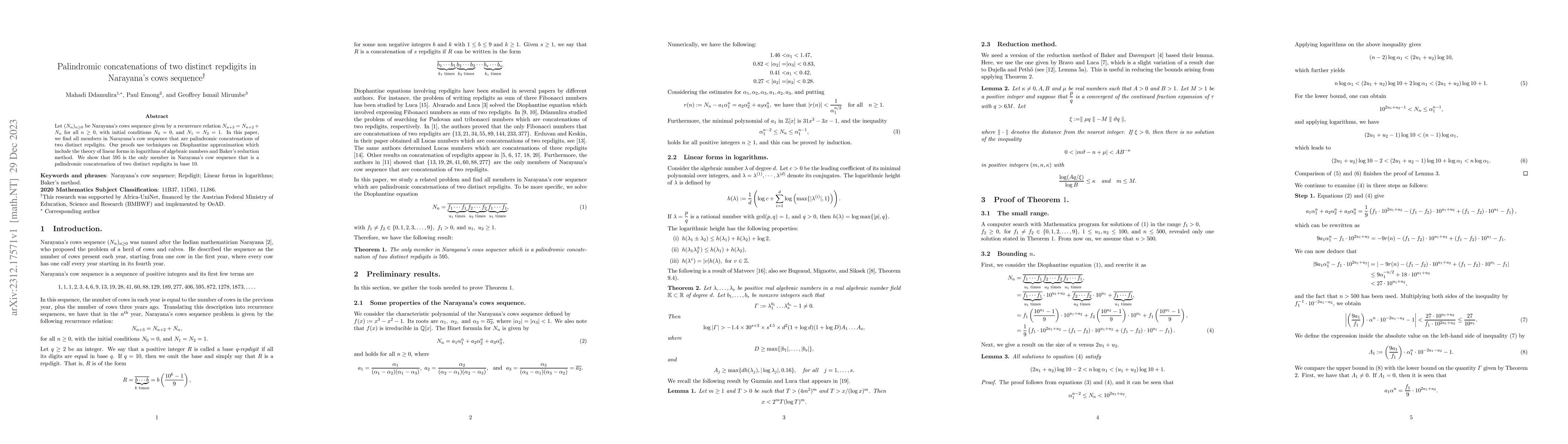 Thumbnail for Palindromic concatenations of two distinct repdigits in Narayana's cows
  sequence