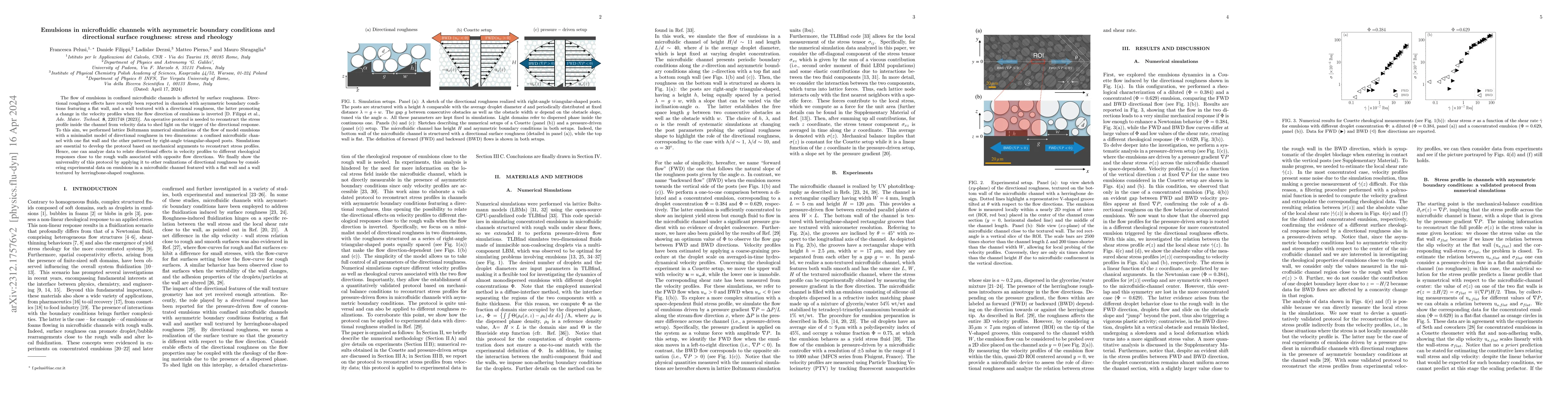 Thumbnail for Emulsions in microfluidic channels with asymmetric boundary conditions
  and directional surface roughness: stress and rheology