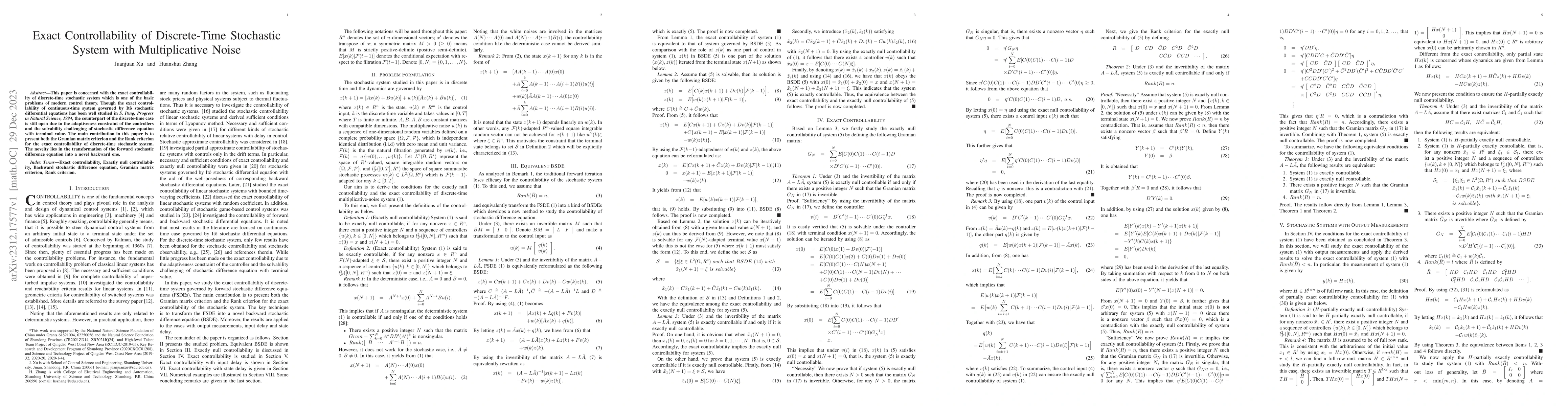 Thumbnail for Exact Controllability of Discrete-Time Stochastic System with
  Multiplicative Noise