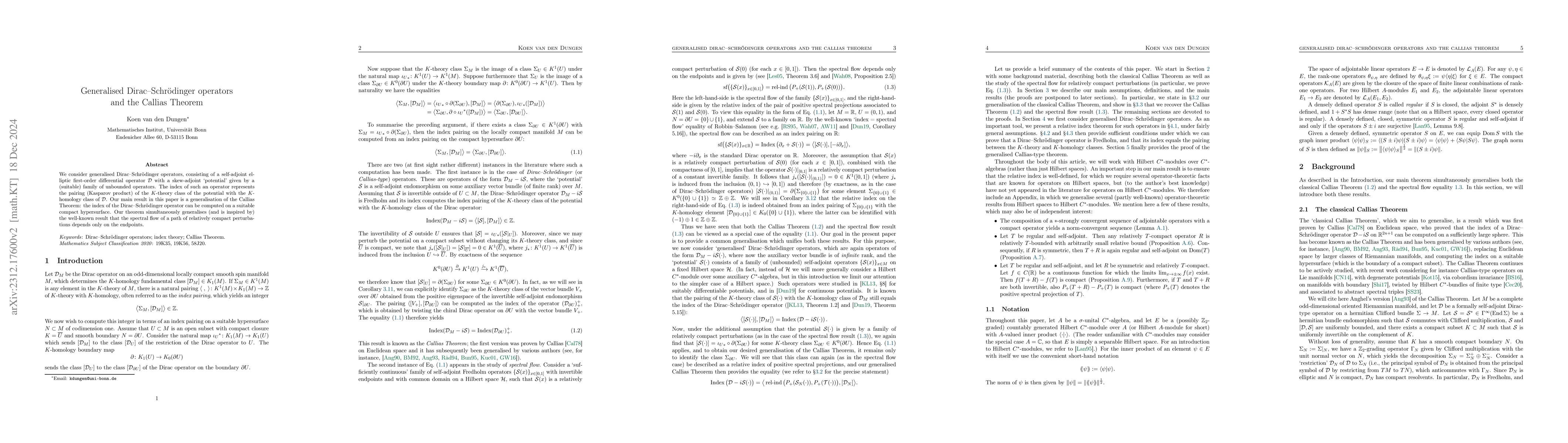 Thumbnail for Generalised Dirac-Schr\"odinger operators and the Callias Theorem