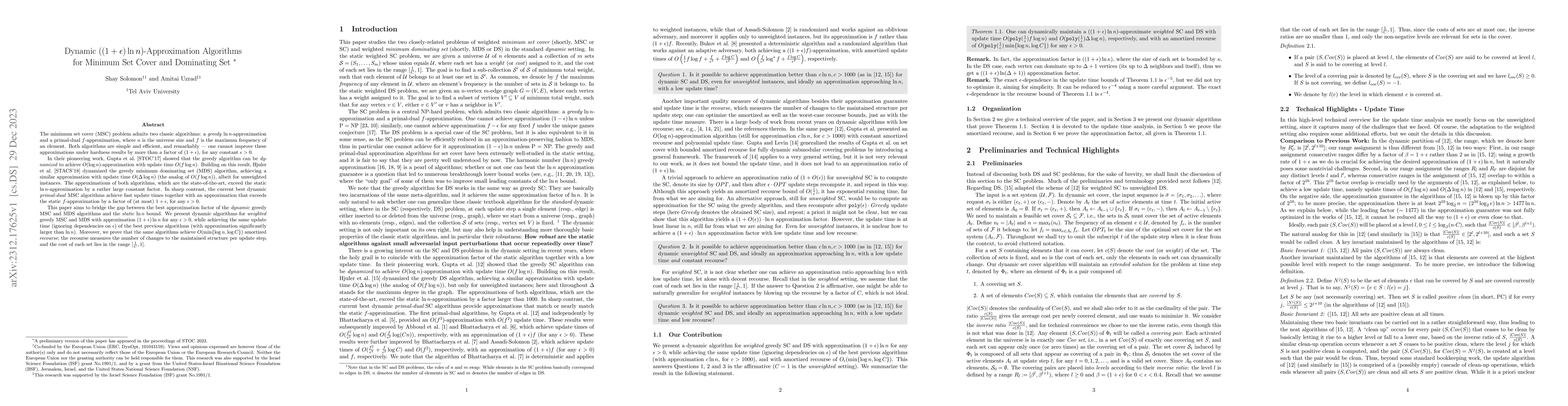 Thumbnail for Dynamic $((1+\epsilon)\ln n)$-Approximation Algorithms for Minimum Set
  Cover and Dominating Set