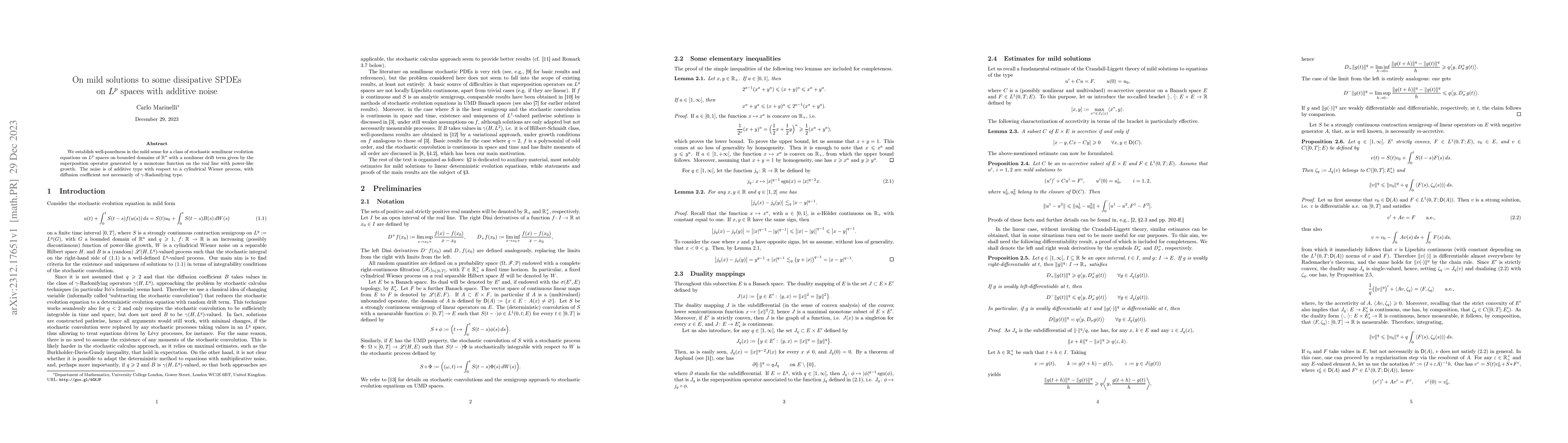 Thumbnail for On mild solutions to some dissipative SPDEs on $L^p$ spaces with
  additive noise