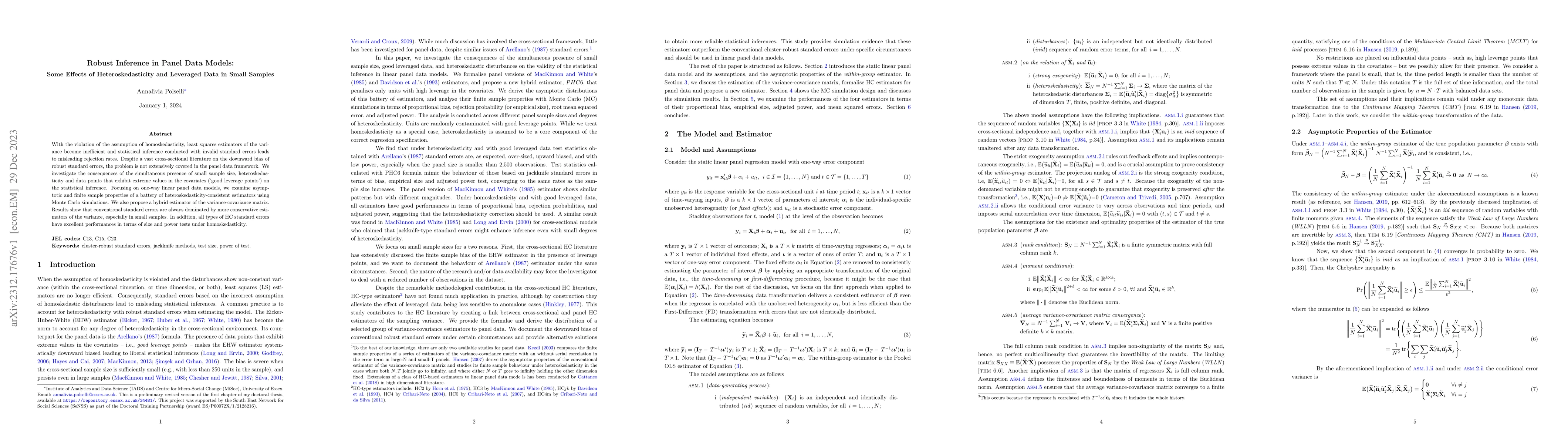 Thumbnail for Robust Inference in Panel Data Models: Some Effects of
  Heteroskedasticity and Leveraged Data in Small Samples