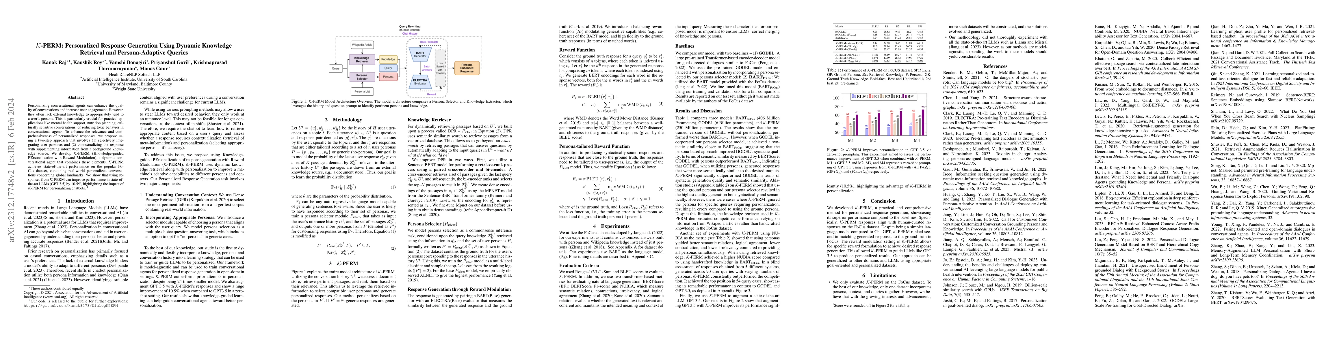 Thumbnail for K-PERM: Personalized Response Generation Using Dynamic Knowledge
  Retrieval and Persona-Adaptive Queries