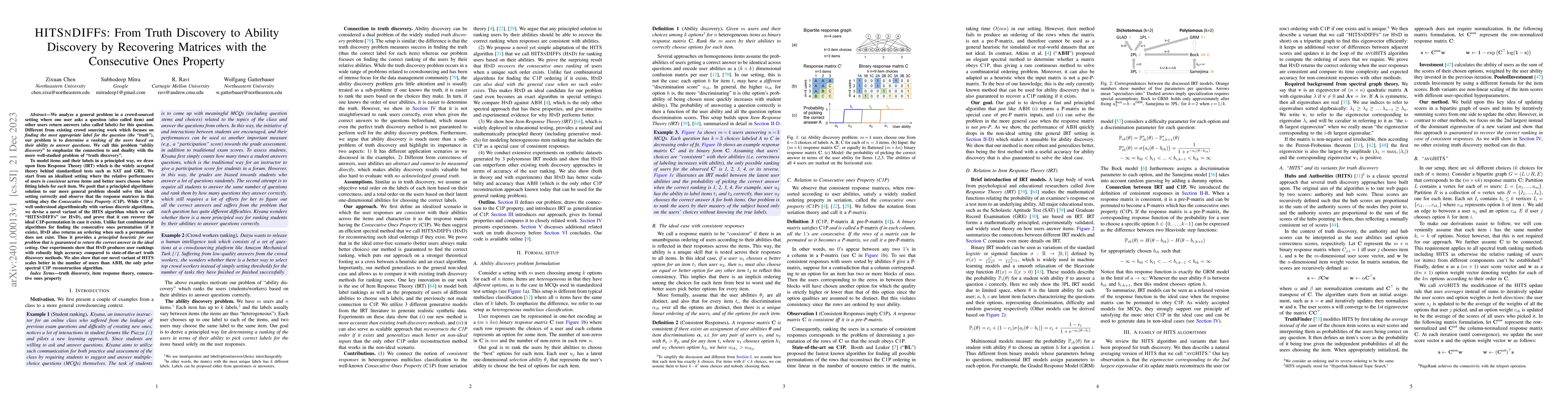 Thumbnail for HITSnDIFFs: From Truth Discovery to Ability Discovery by Recovering
  Matrices with the Consecutive Ones Property