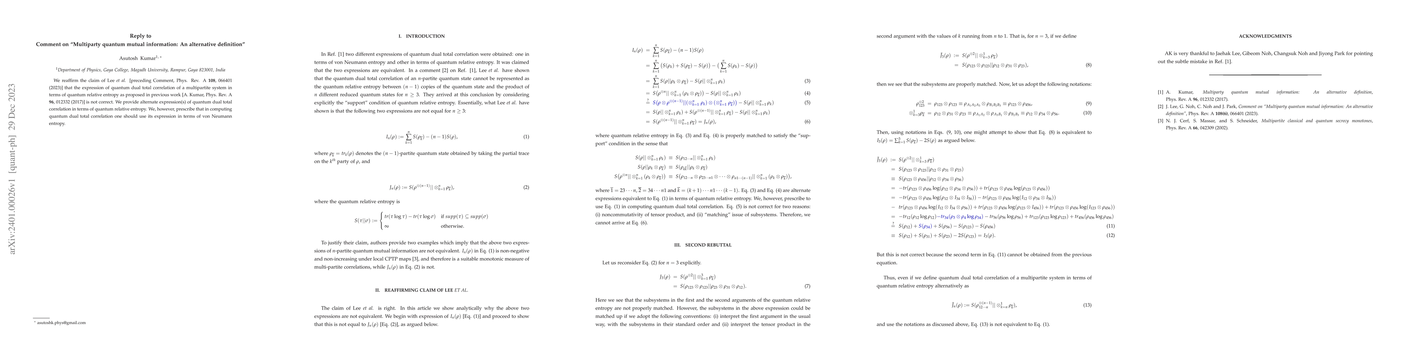 Thumbnail for Reply to "Comment on `Multiparty quantum mutual information: An
  alternative definition'"