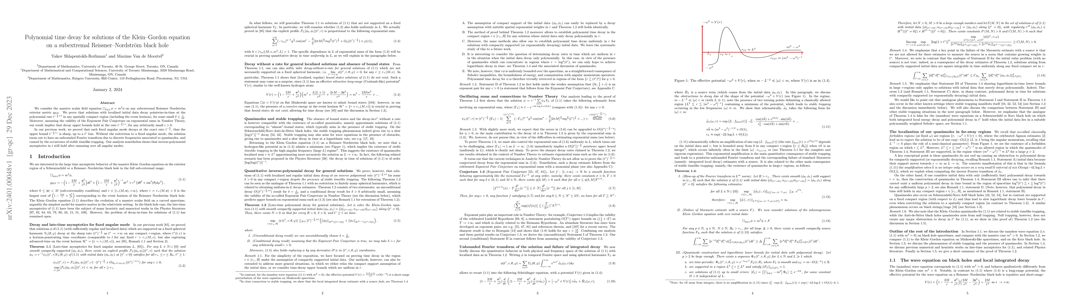 Thumbnail for Polynomial time decay for solutions of the Klein--Gordon equation on a
  subextremal Reissner--Nordstr\"{o}m black hole