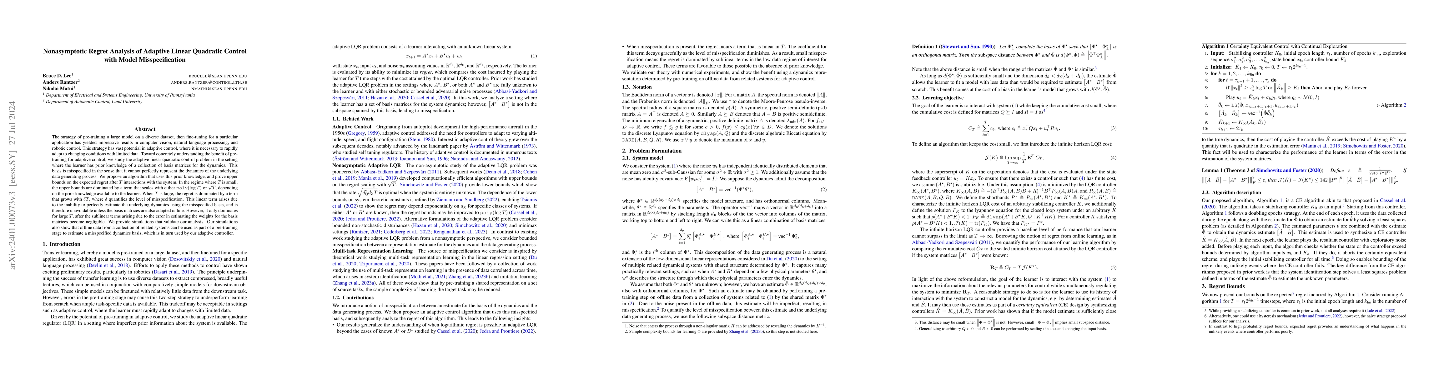 Thumbnail for Nonasymptotic Regret Analysis of Adaptive Linear Quadratic Control with
  Model Misspecification